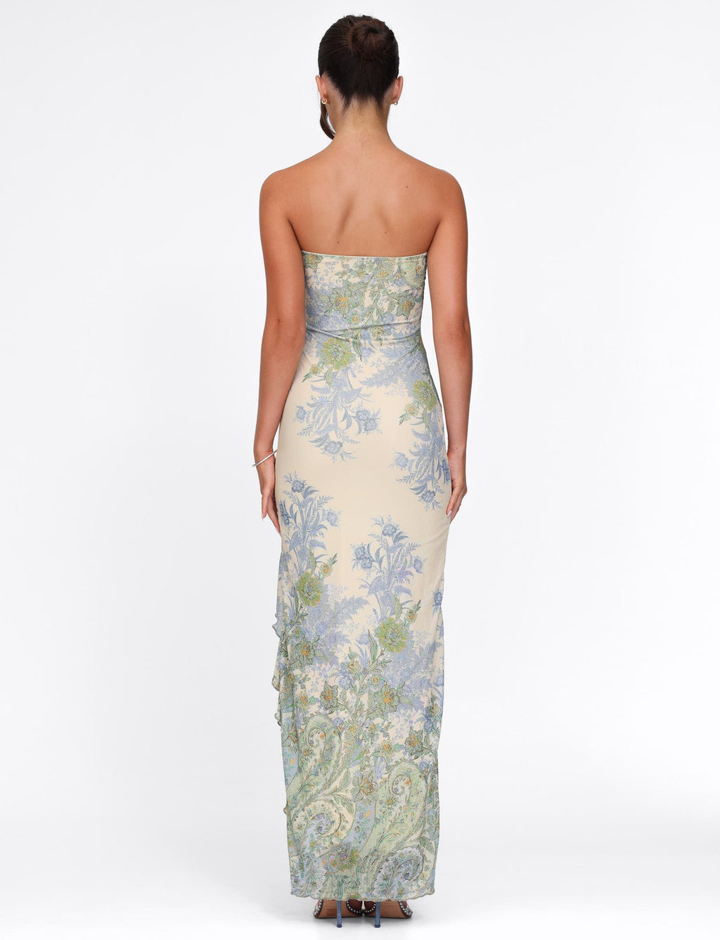 Strapless Floral Paisley Print High Slit Ruffle Trim Tube Maxi Dress