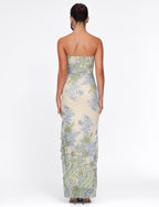 Strapless Floral Paisley Print High Slit Ruffle Trim Tube Maxi Dress