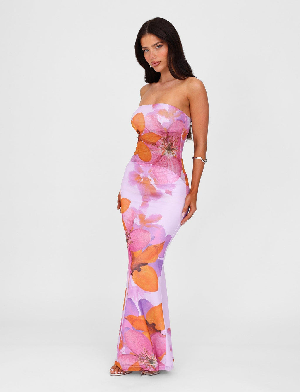 Strapless Floral Print Bodycon Tube Maxi Dress