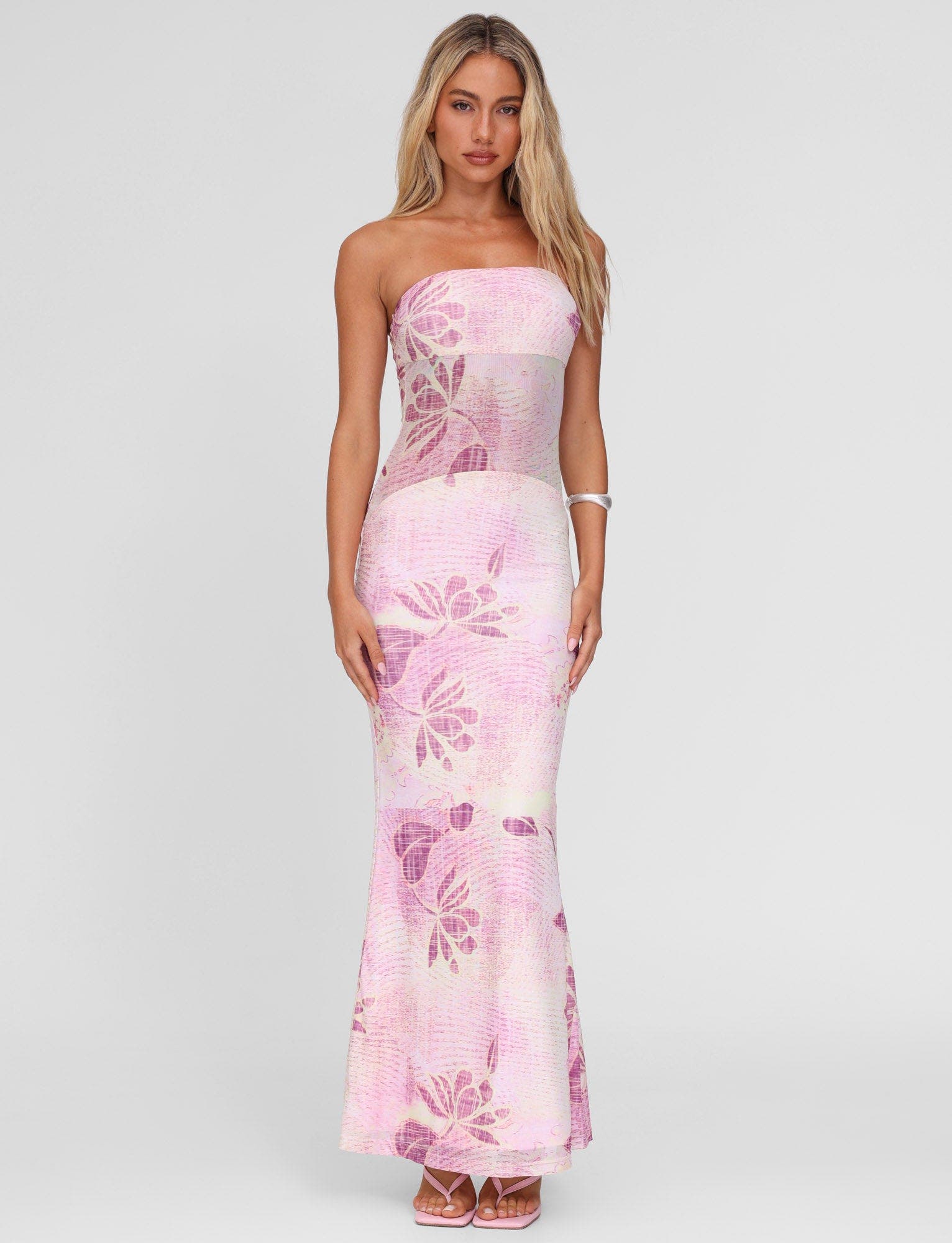 Strapless Floral Print Bodycon Tube Maxi Dress