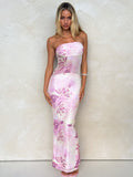Strapless Floral Print Bodycon Tube Maxi Dress
