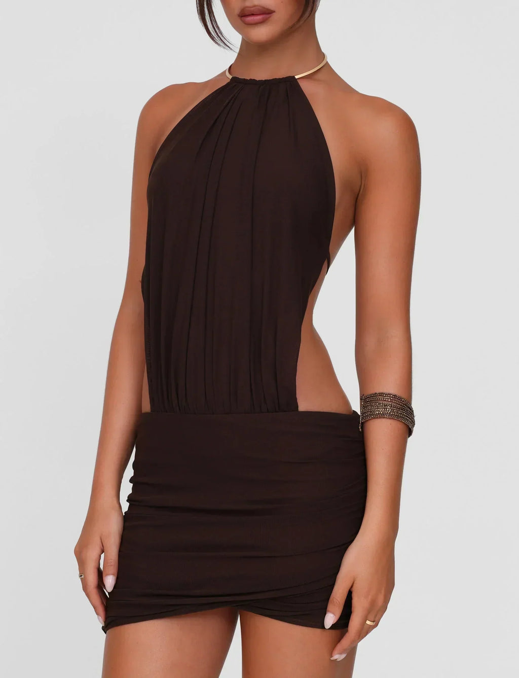 Halter Metal Collar Draped Bodice Side Cutout Ruched Bodycon Mini Dress