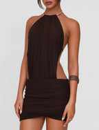 Halter Metal Collar Draped Bodice Side Cutout Ruched Bodycon Mini Dress