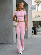Yoga Sets Two Piece Outfits For Women - Slim Fit Short Sleeve Crop Top And Flared Pants - Summer Activewear Lounge 2026