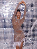 Talon Long Sleeve Crystal  Fringe Dress In Dark Nude
