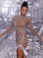 Talon Long Sleeve Crystal  Fringe Dress In Dark Nude