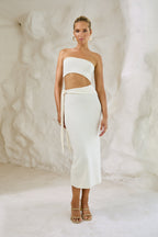Ribbed Knit Strapless Cutout Side Tie Bodycon Midi Dress