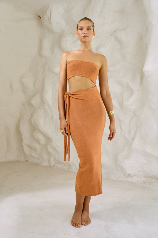 Ribbed Knit Strapless Cutout Side Tie Bodycon Midi Dress