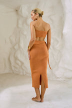 Ribbed Knit Strapless Cutout Side Tie Bodycon Midi Dress