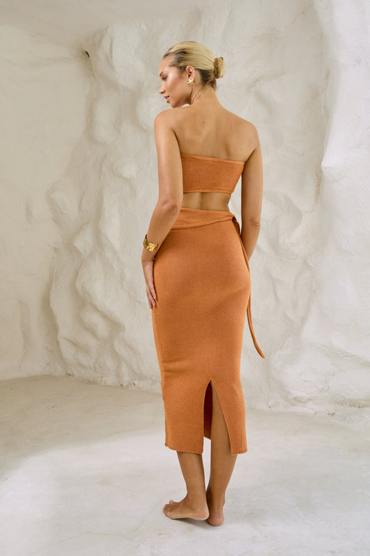 Ribbed Knit Strapless Cutout Side Tie Bodycon Midi Dress