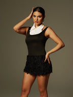 Collar Trim Sleeveless Top Feather Fringe Mini Skirt Two Piece Set