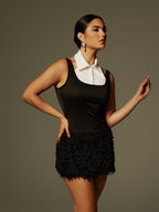 Collar Trim Sleeveless Top Feather Fringe Mini Skirt Two Piece Set