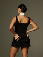 Collar Trim Sleeveless Top Feather Fringe Mini Skirt Two Piece Set