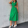 Collared Button Front Waist Cutout A-Line Midi Shirt Dress