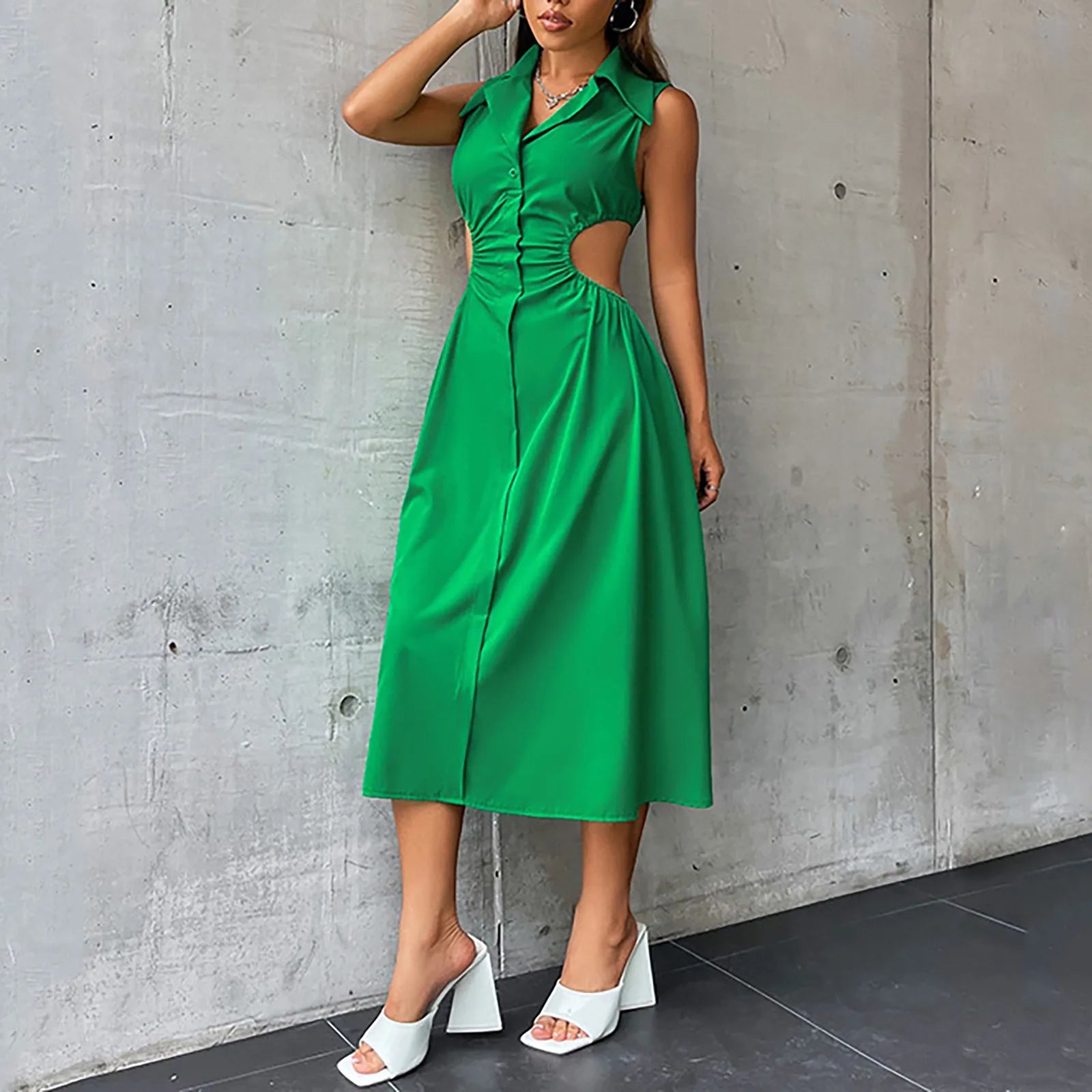 Collared Button Front Waist Cutout A-Line Midi Shirt Dress