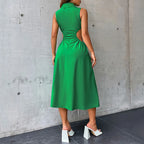 Collared Button Front Waist Cutout A-Line Midi Shirt Dress