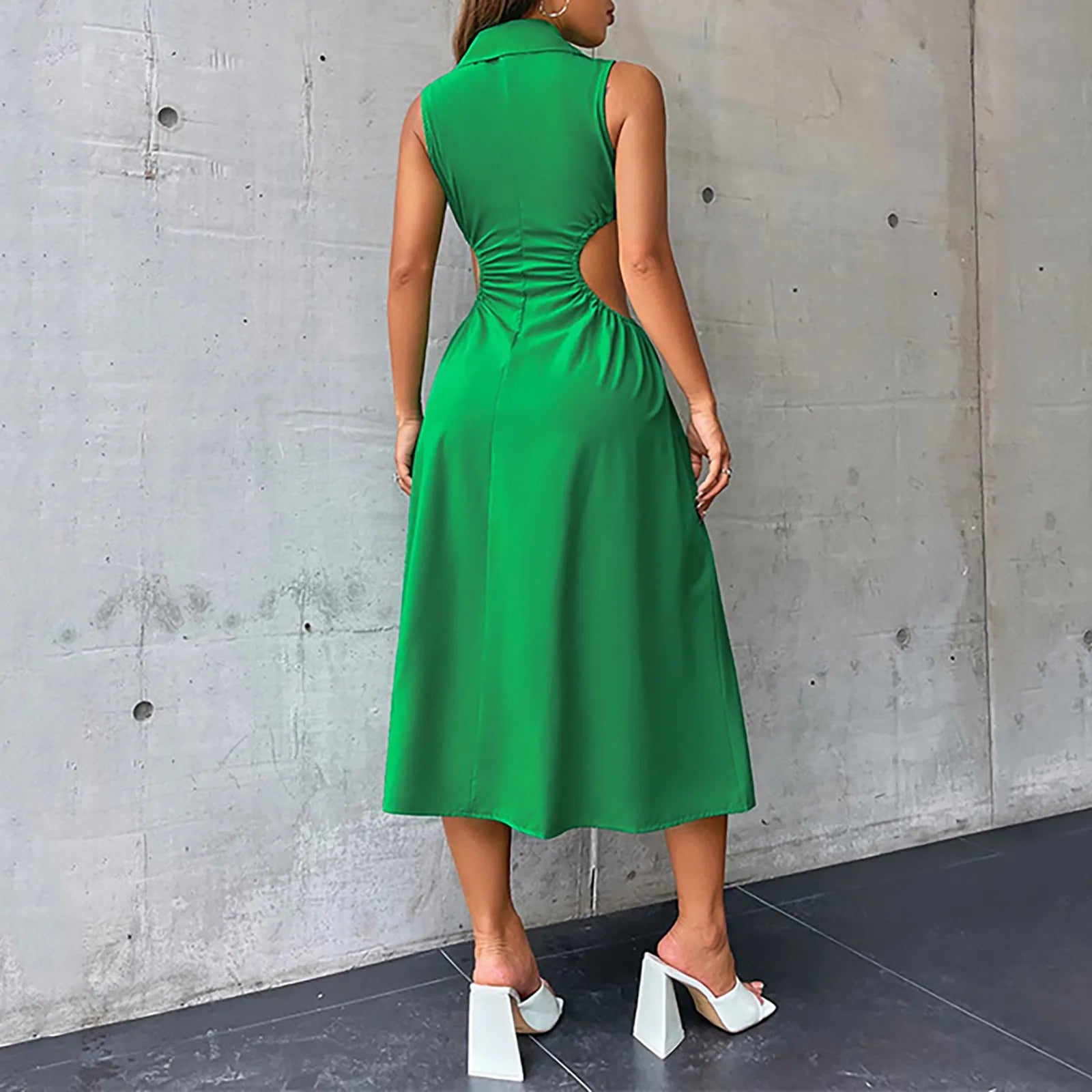 Collared Button Front Waist Cutout A-Line Midi Shirt Dress
