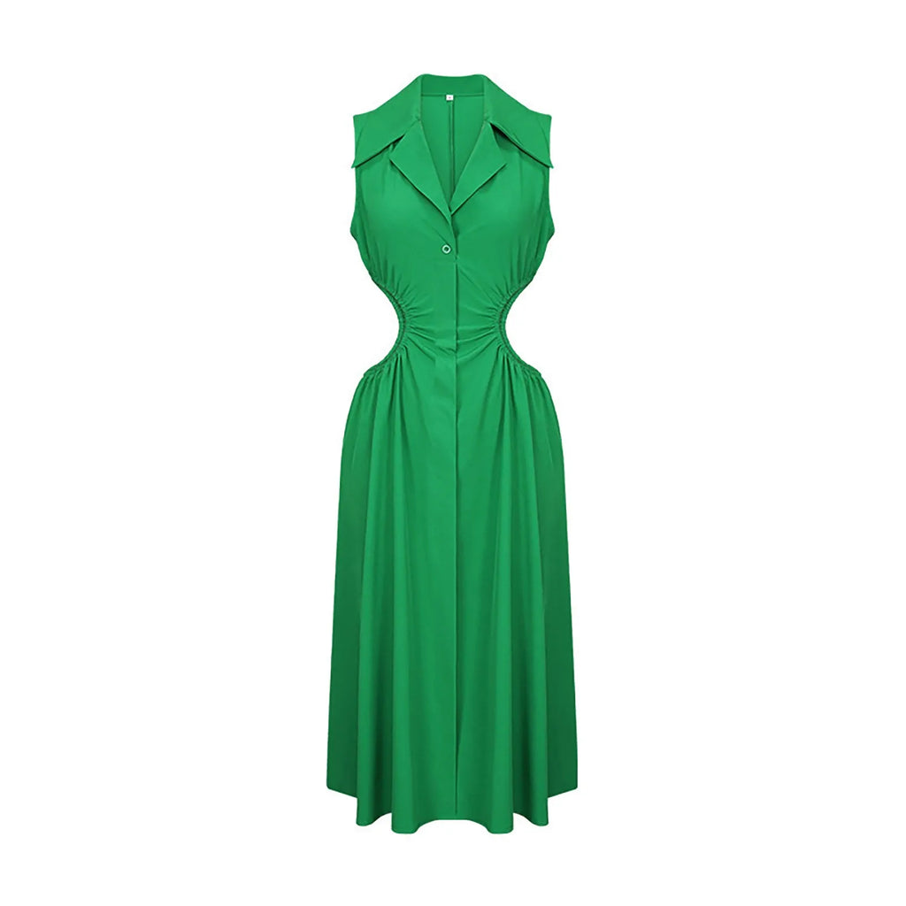 Collared Button Front Waist Cutout A-Line Midi Shirt Dress