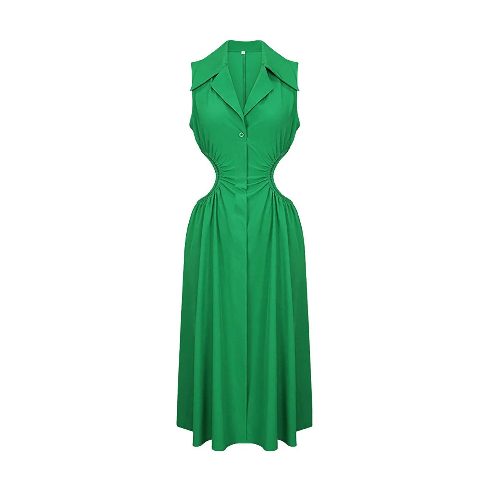 Collared Button Front Waist Cutout A-Line Midi Shirt Dress