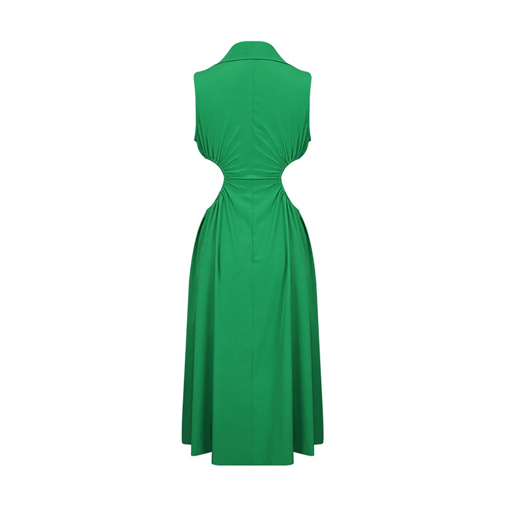 Collared Button Front Waist Cutout A-Line Midi Shirt Dress