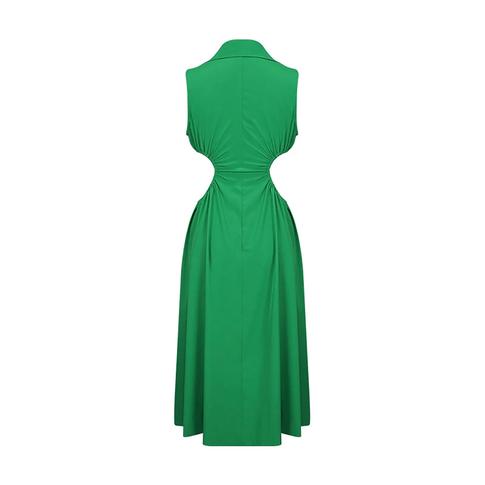Collared Button Front Waist Cutout A-Line Midi Shirt Dress