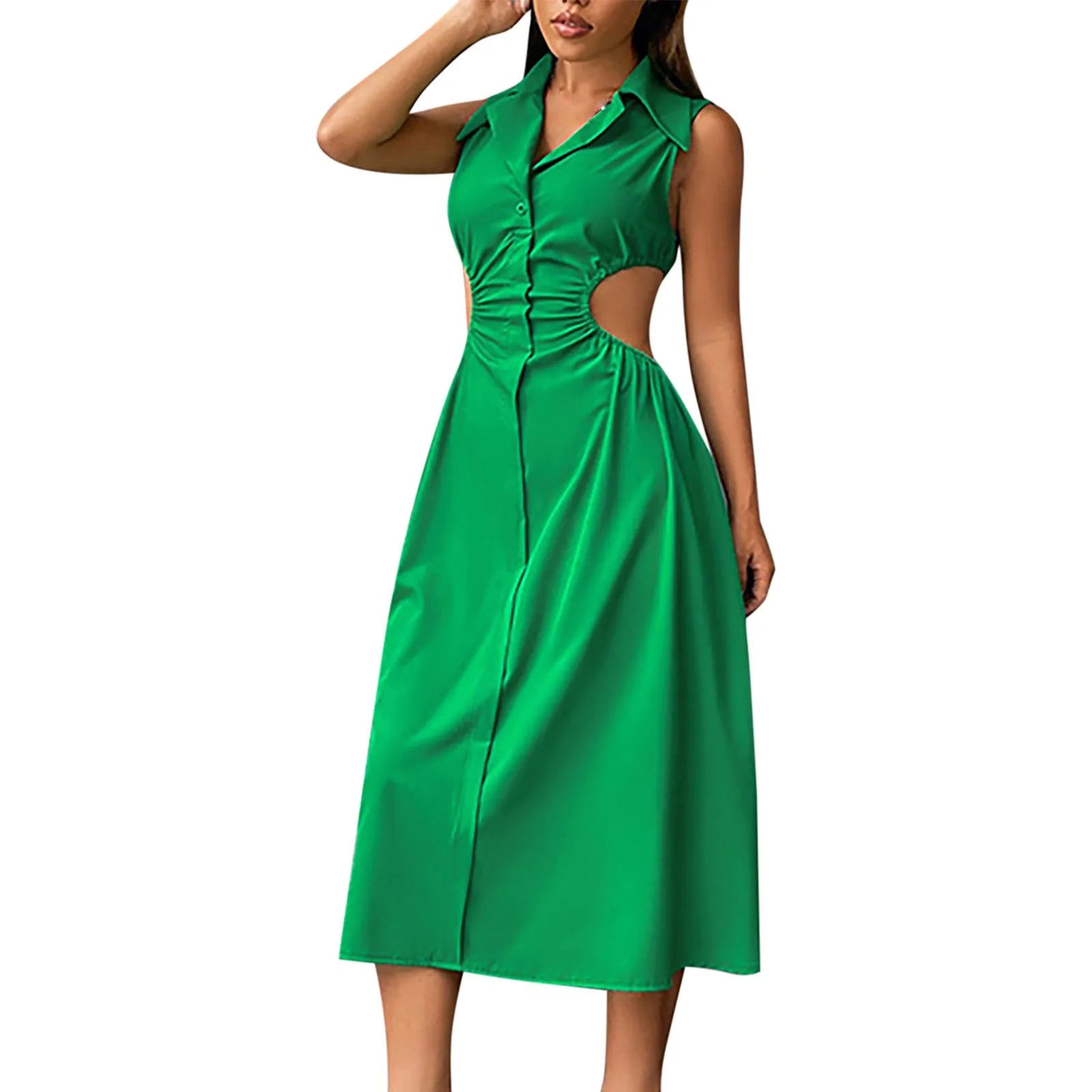 Collared Button Front Waist Cutout A-Line Midi Shirt Dress