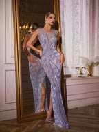 Rhinestone Leaf Vine Illusion Mesh Deep V-Neck High Split Maxi Gown