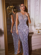 Rhinestone Leaf Vine Illusion Mesh Deep V-Neck High Split Maxi Gown