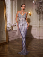 Rhinestone Grid Illusion Corset Panel Mermaid High Split Maxi Gown