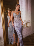 Rhinestone Grid Illusion Corset Panel Mermaid High Split Maxi Gown