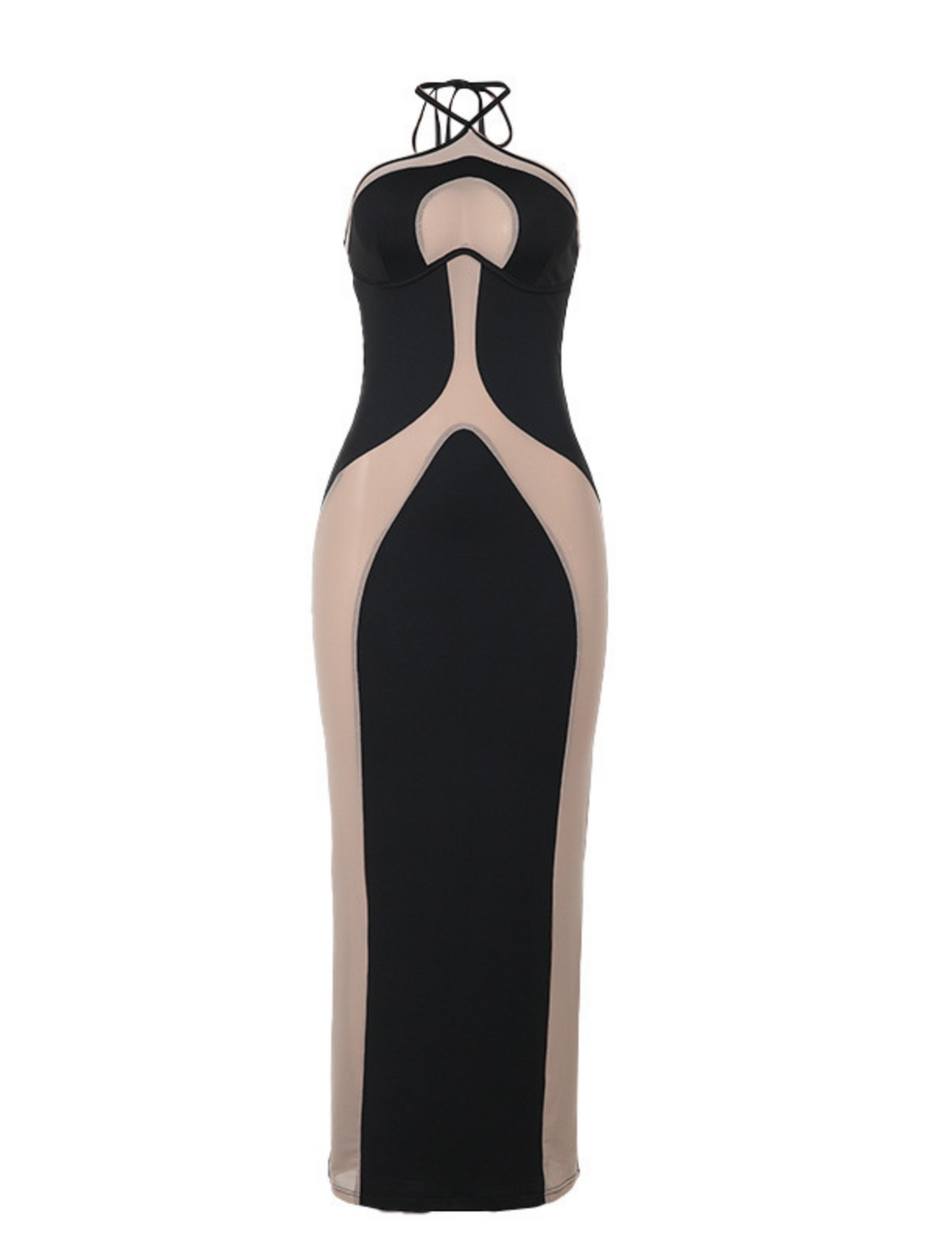Colorblock Panel Halter Cross Strap Bodycon Maxi Dress