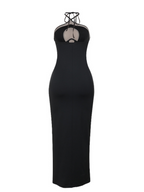 Colorblock Panel Halter Cross Strap Bodycon Maxi Dress