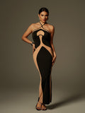 Colorblock Panel Halter Cross Strap Bodycon Maxi Dress
