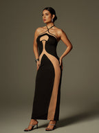 Colorblock Panel Halter Cross Strap Bodycon Maxi Dress