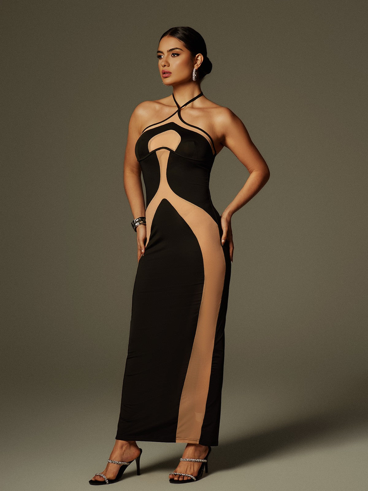 Colorblock Panel Halter Cross Strap Bodycon Maxi Dress