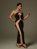 Colorblock Panel Halter Cross Strap Bodycon Maxi Dress