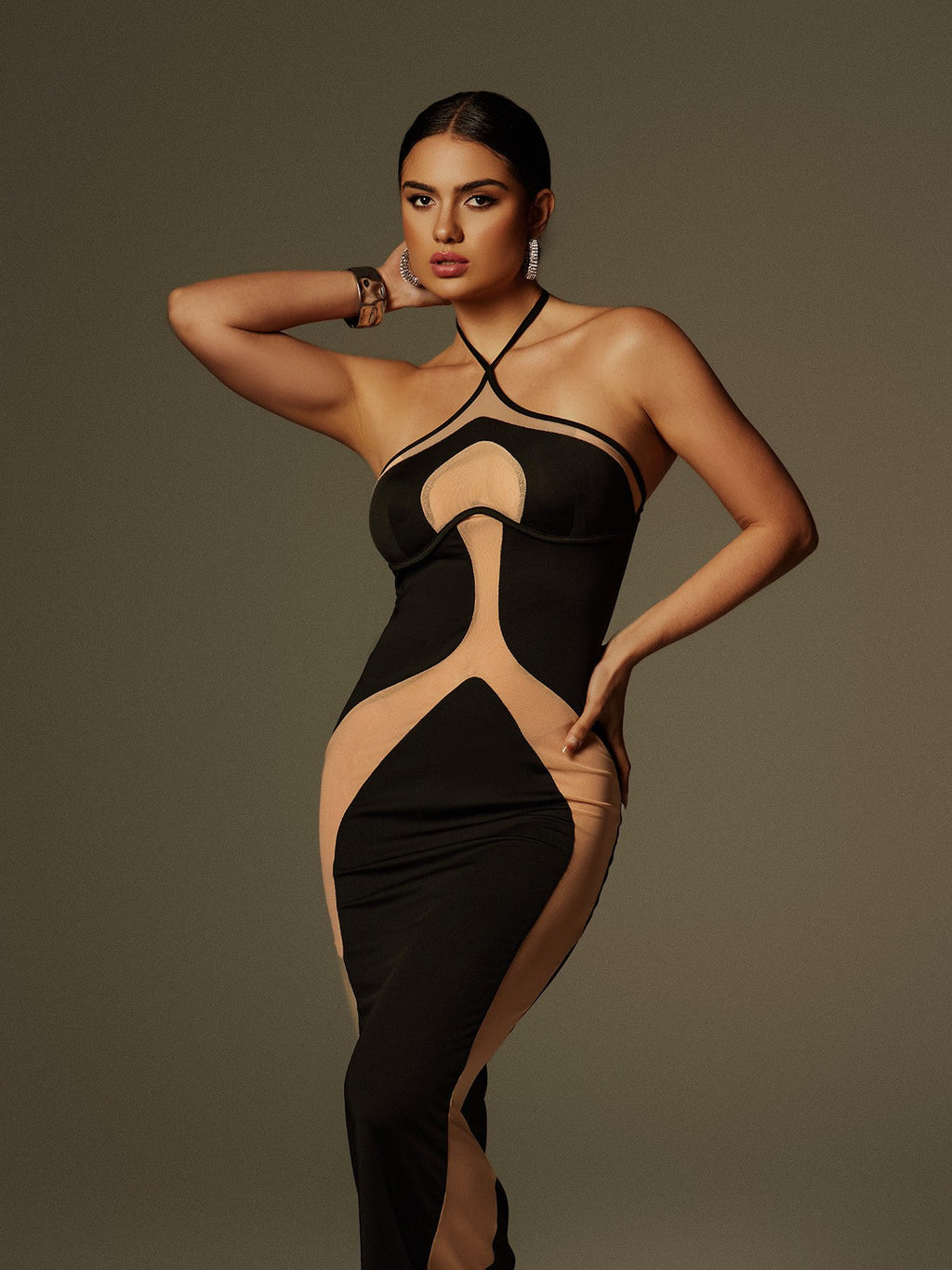 Colorblock Panel Halter Cross Strap Bodycon Maxi Dress