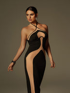 Colorblock Panel Halter Cross Strap Bodycon Maxi Dress