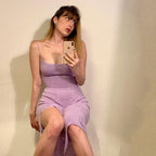 Ribbed Knit Square Neck Spaghetti Strap Bodycon Midi Dress