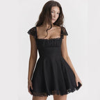 Sweetheart Ruched Lace Cap Sleeve Tiered Ruffle Hem Mini Dress