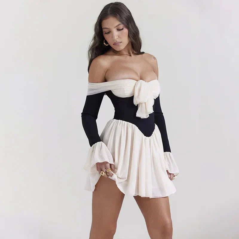 Off Shoulder Tie Front Corset Bodice Puff Sleeve Pleated Mini Dress