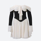 Off Shoulder Tie Front Corset Bodice Puff Sleeve Pleated Mini Dress