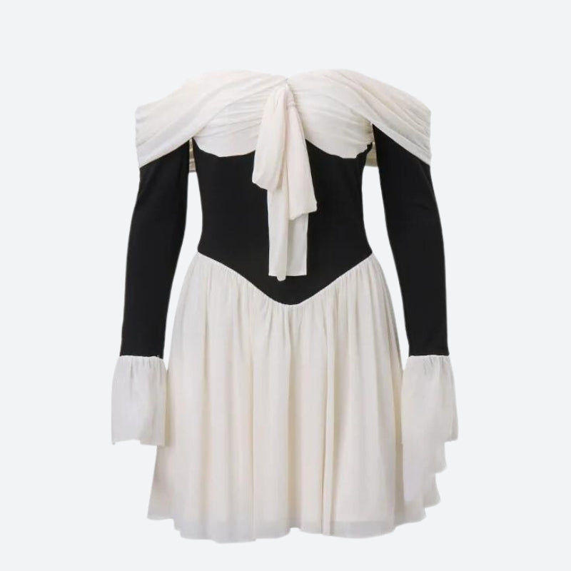 Off Shoulder Tie Front Corset Bodice Puff Sleeve Pleated Mini Dress