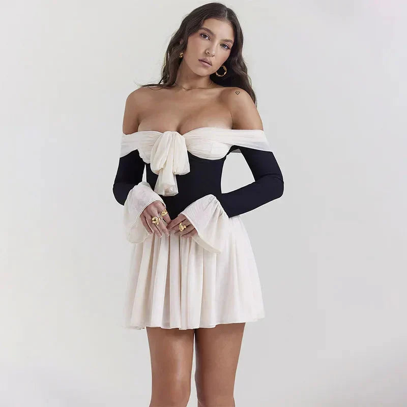 Off Shoulder Tie Front Corset Bodice Puff Sleeve Pleated Mini Dress