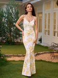 Tie Front V-Neck Lace Spliced Floral Print Mermaid Dress