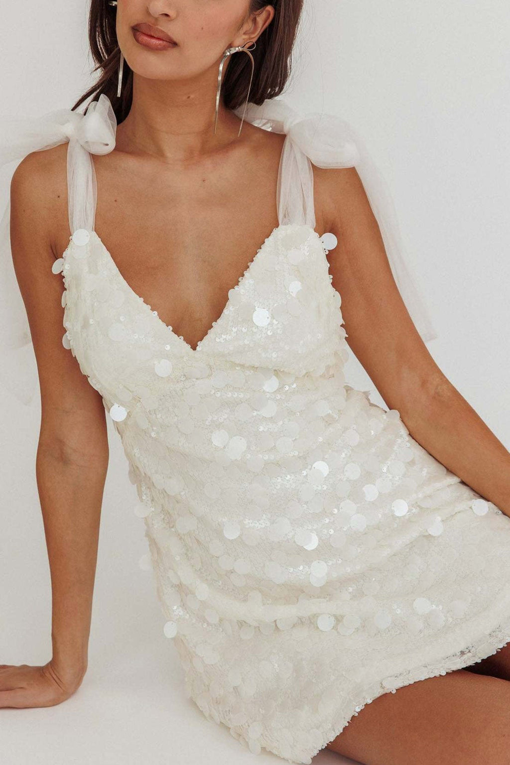 Paillette Sequin Deep V-Neck Sheer Tulle Shoulder Bow Mini Dress