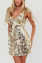 Paillette Sequin Deep V-Neck Sheer Tulle Shoulder Bow Mini Dress