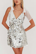 Paillette Sequin Deep V-Neck Sheer Tulle Shoulder Bow Mini Dress