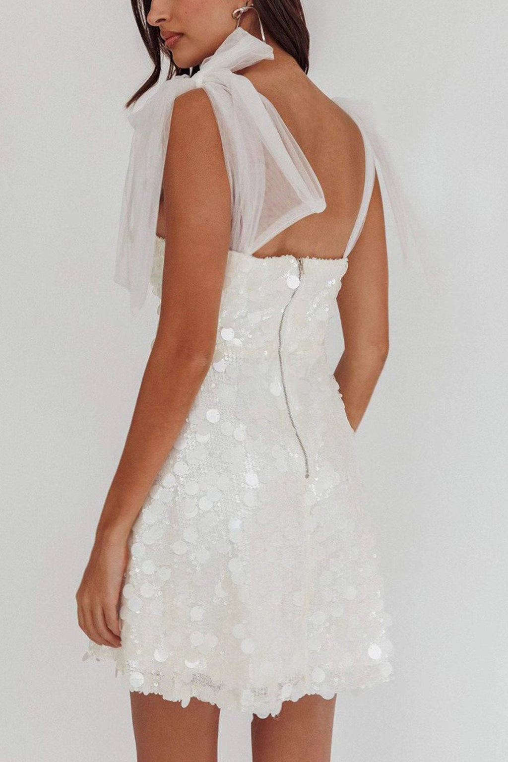 Paillette Sequin Deep V-Neck Sheer Tulle Shoulder Bow Mini Dress