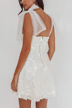 Paillette Sequin Deep V-Neck Sheer Tulle Shoulder Bow Mini Dress